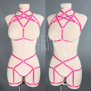 BRIGHT PINK HEXAGRAM SET: BRALET AND THIGH HARNESS