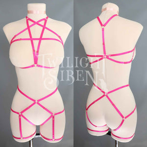 BRIGHT PINK PENTAGRAM SET: BRALET AND THIGH HARNESS