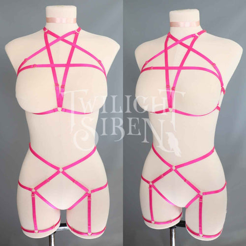 BRIGHT PINK PENTAGRAM SET: BRALET AND THIGH HARNESS
