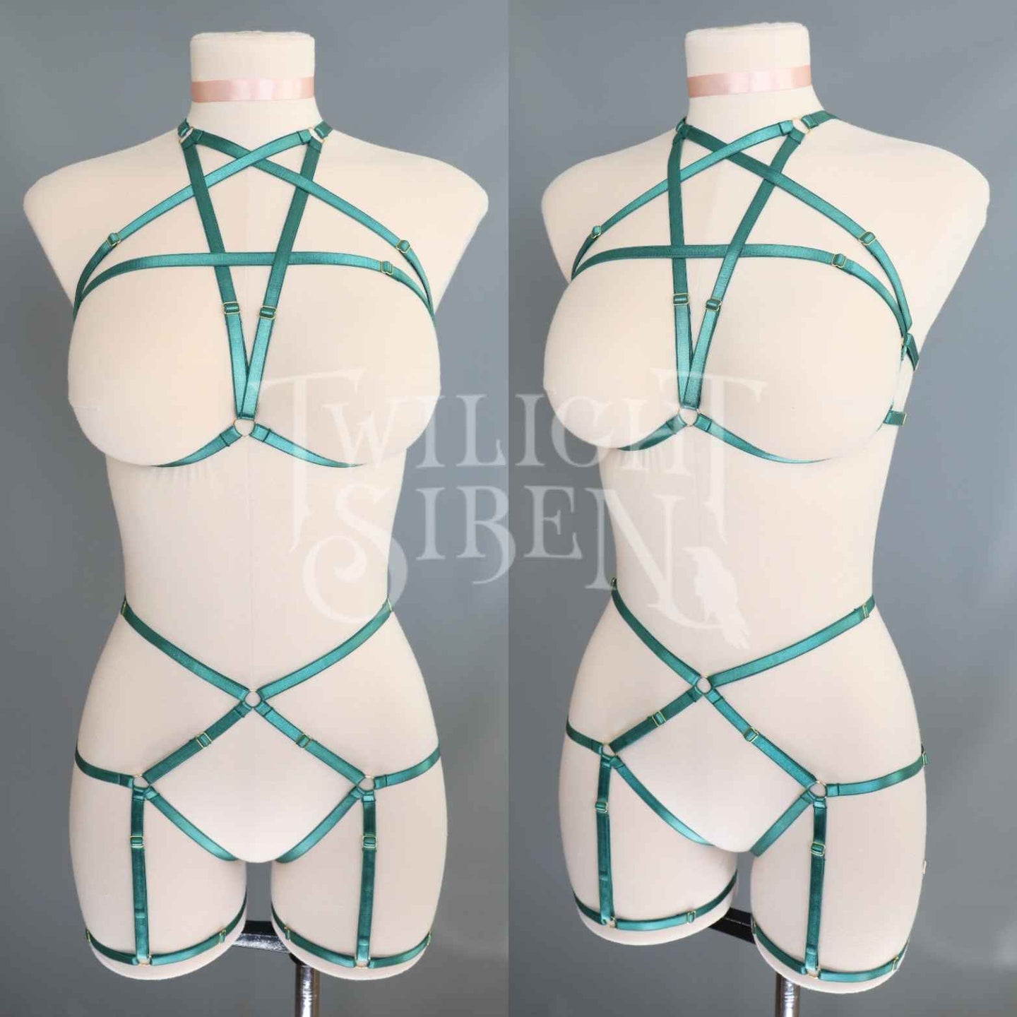 EMERALD GREEN PENTAGRAM SET: BRALET AND THIGH HARNESS