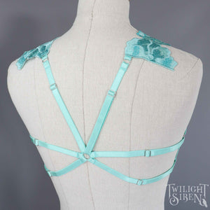TEAL LACE BODY HARNESS BRALET *OLD VERSION* LIGHT MINT ELASTIC ~ SIZE SMALL / UK 8-10