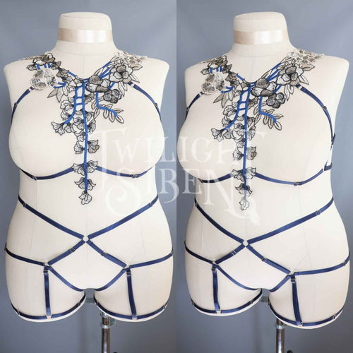 NAVY BLUE / BEIGE FLORAL LACE BODY HARNESS SET - XXLARGE: UK 24-26 : USA 20-22