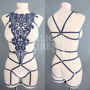 NAVY LACE BODY HARNESS OUVERT PLAYSUIT