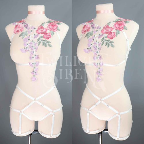 IVORY OFF WHITE FLORAL LACE BODY HARNESS SET - SIZE - SMALL / UK 8-10 / US 4-6