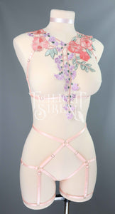 PEACH FLORAL LACE BODY HARNESS SET ~ SIZE MEDIUM // UK 12-14