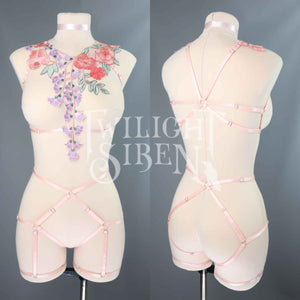 PEACH FLORAL LACE BODY HARNESS SET ~ SIZE MEDIUM // UK 12-14