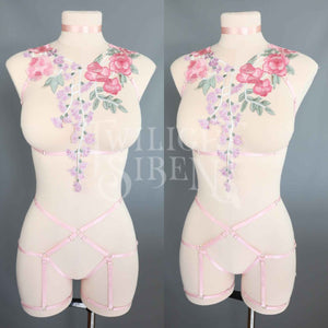 IVORY LACE / BABY PINK FLORAL BODY HARNESS SET