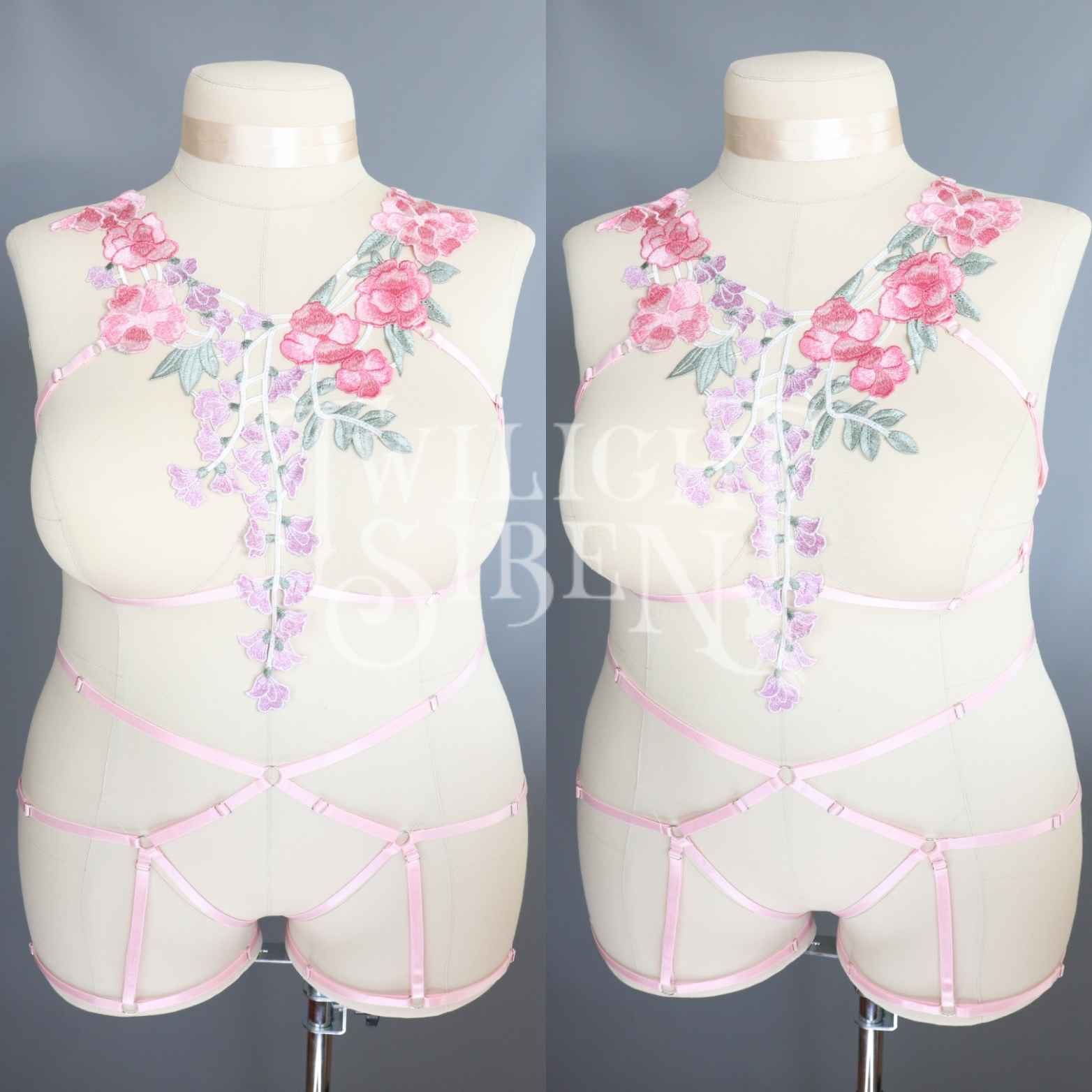 IVORY LACE / BABY PINK FLORAL BODY HARNESS SET – TWILIGHT SIREN