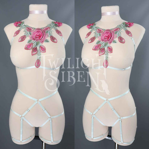 PINK FLORAL LACE BODY HARNESS SET