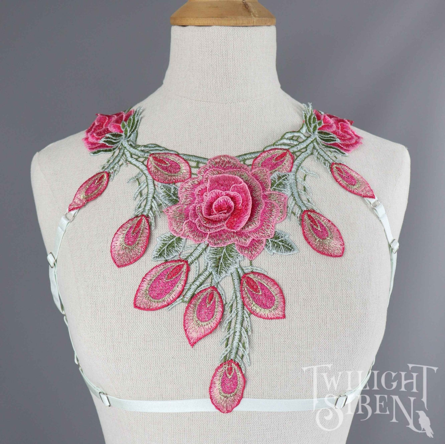 PINK FLORAL LACE BODY HARNESS BRALET