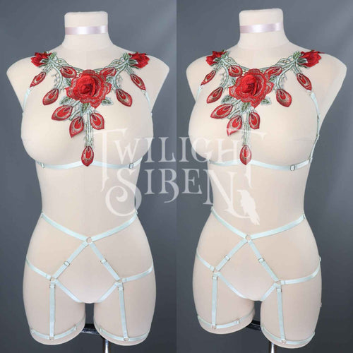 RED FLORAL LACE BODY HARNESS SET