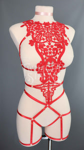 RED LACE BODY HARNESS OUVERT PLAYSUIT