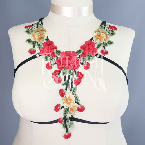 RED YELLOW ROSE FLORAL LACE BODY HARNESS BRALET