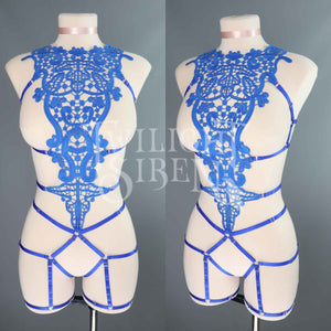 ROYAL BLUE LACE BODY HARNESS OUVERT PLAYSUIT