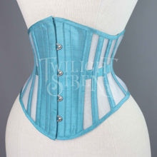 21.5 INCH WAIST VOLUSPA TEAL SILK AND PALE BLUE MESH RIDING CORSET