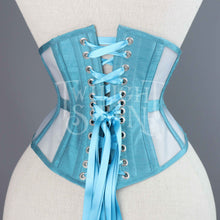 21.5 INCH WAIST VOLUSPA TEAL SILK AND PALE BLUE MESH RIDING CORSET