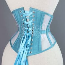 21.5 INCH WAIST VOLUSPA TEAL SILK AND PALE BLUE MESH RIDING CORSET