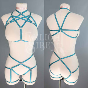 TEAL PETROL GREEN HEXAGRAM SET: BRALET AND THIGH HARNESS
