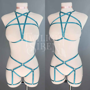 TEAL PETROL GREEN PENTAGRAM SET: BRALET AND THIGH HARNESS