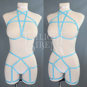 TEAL TURQUOISE BLUE PENTAGRAM SET: BRALET AND THIGH HARNESS