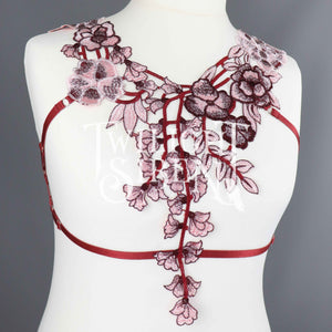 WINE / PINK LACE BODY HARNESS BRALET ~ SIZE LARGE //  UK 16-18 // US 12-14