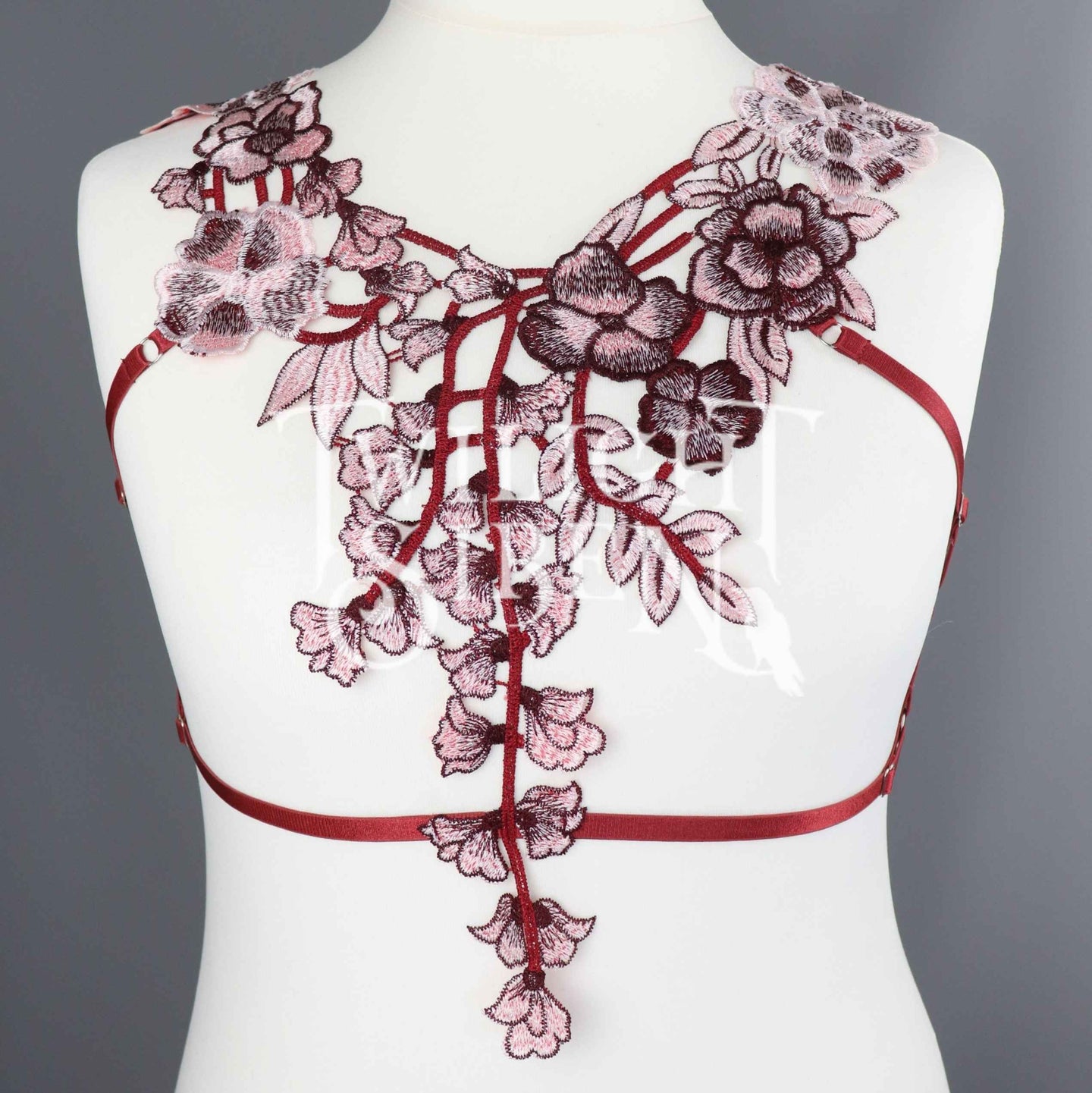 WINE / PINK LACE BODY HARNESS BRALET ~ SIZE LARGE //  UK 16-18 // US 12-14