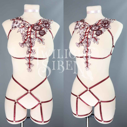 WINE FLORAL LACE BODY HARNESS SET - SIZE ~ SMALL / MED / UK 8-12 // US 4-8