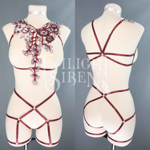 WINE FLORAL LACE BODY HARNESS SET