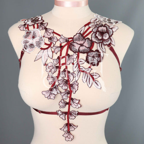 WINE LACE BODY HARNESS BRALET ~ SIZE MEDIUM//  UK 12-14  (LIGHTER ELASTIC)