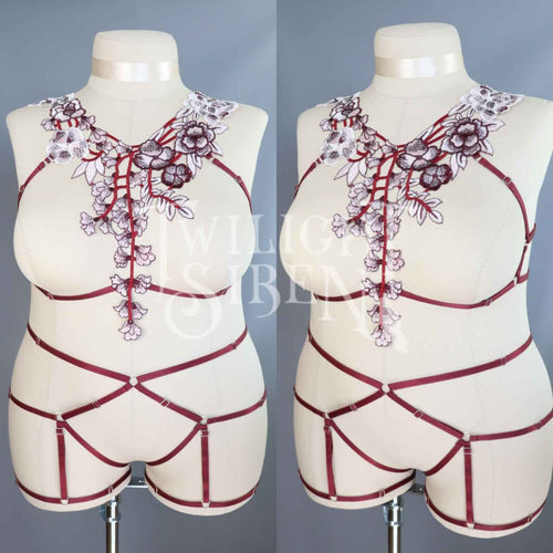 WINE FLORAL LACE BODY HARNESS SET - LARGE: UK 16-18 :USA 12-14 -