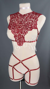 OLIVIA WINE RED LACE  BRALET AND THIGH HARNESS SET