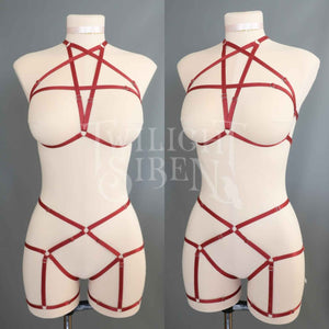 WINE RED PENTAGRAM SET: BRALET AND THIGH HARNESS